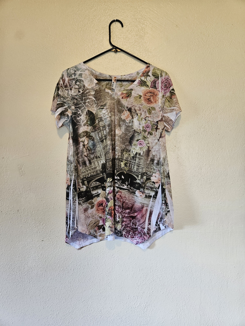 Floral & Cityscape Short Sleeve Tee - Pink Multi